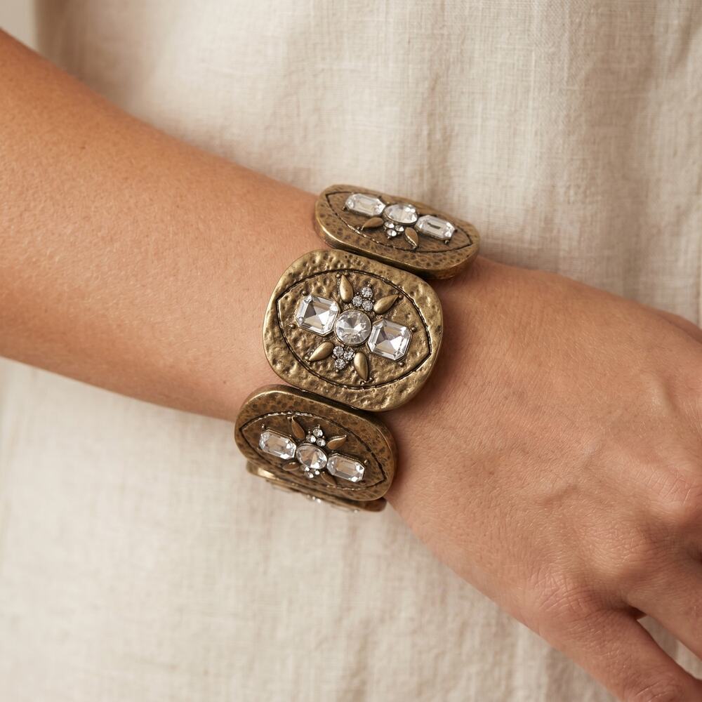 Vintage Style Stretch Bracelet Antiqued Gold Rhinestone Statement